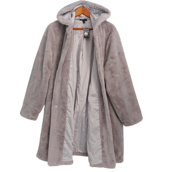 TORRID Faux Fur Hooded Coat Size 3X Light Gray NEW Satin Lined Pockets Glam Chic - Picture 5 of 11